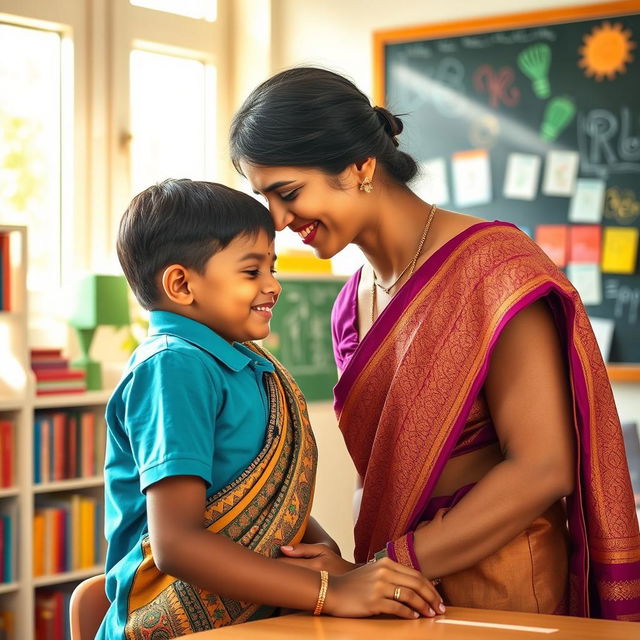 A warm and affectionate scene of an Indian female teacher gently kissing a student on the forehead, showcasing a nurturing and caring relationship