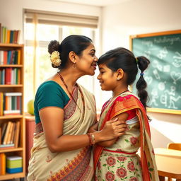 A warm and affectionate scene of an Indian female teacher gently kissing a student on the forehead, showcasing a nurturing and caring relationship