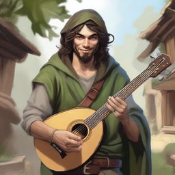 A detailed, high-quality realistic illustration that vividly portrays a young, crazy homeless vagrant as a fantasy Dungeons and Dragons bard in a village setting