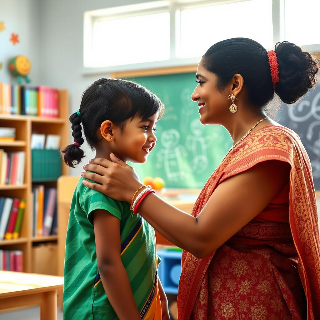 A warm and affectionate scene of an Indian female teacher gently kissing a student on the forehead, showcasing a nurturing and caring relationship