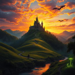 A dramatic fantasy landscape featuring a majestic castle perched on a mountain peak, surrounded by lush forests and a shimmering lake in the foreground