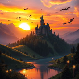 A dramatic fantasy landscape featuring a majestic castle perched on a mountain peak, surrounded by lush forests and a shimmering lake in the foreground
