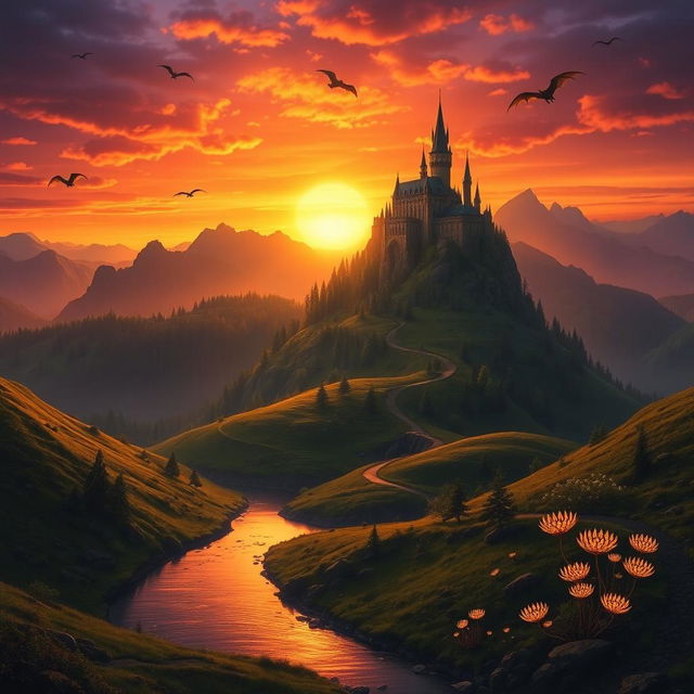 A dramatic fantasy landscape featuring a majestic castle perched on a mountain peak, surrounded by lush forests and a shimmering lake in the foreground