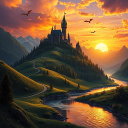 A dramatic fantasy landscape featuring a majestic castle perched on a mountain peak, surrounded by lush forests and a shimmering lake in the foreground