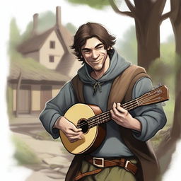 A detailed, high-quality realistic illustration that vividly portrays a young, crazy homeless vagrant as a fantasy Dungeons and Dragons bard in a village setting