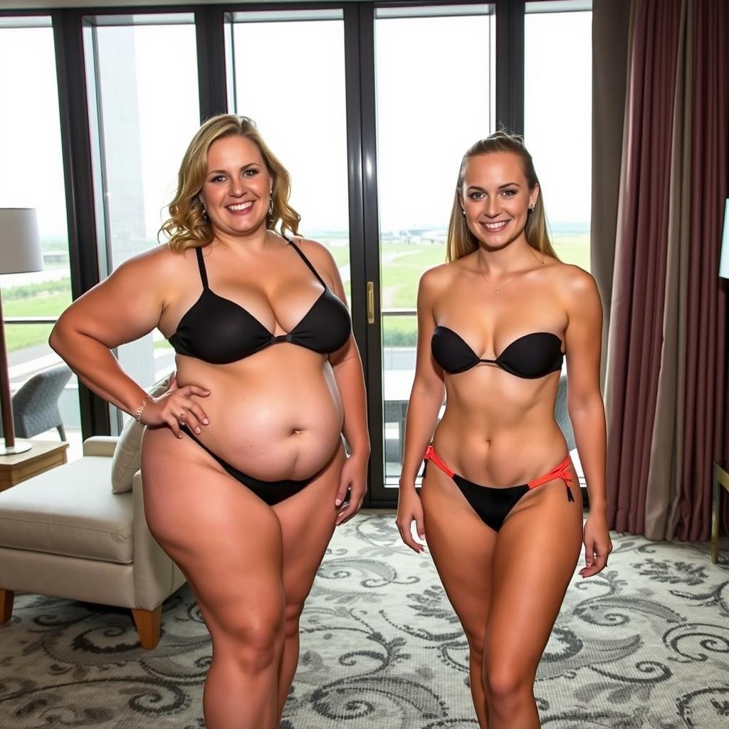 Scarlett, a woman in her 40s with a chunkier body and a few soft rolls, and her stepdaughter Amanda, in her 20s, both confidently showcasing their minimal thong bikinis