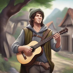 A detailed, high-quality realistic illustration that vividly portrays a young, crazy homeless vagrant as a fantasy Dungeons and Dragons bard in a village setting