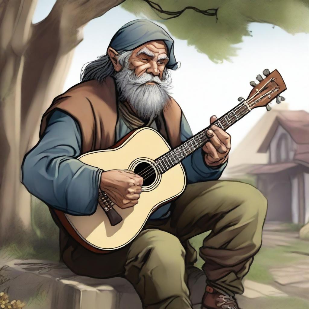 A detailed, high-quality realistic illustration that vividly portrays a crazy homeless vagrant as a fantasy Dungeons and Dragons bard in a village setting