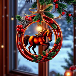 A beautiful Christmas ornament shaped like a horseshoe, adorned with festive decorations such as glittering snowflakes, tiny red berries, and a golden ribbon, with an elegant horse design integrated into the ornament