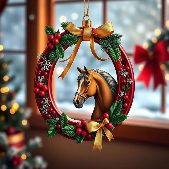 A beautiful Christmas ornament shaped like a horseshoe, adorned with festive decorations such as glittering snowflakes, tiny red berries, and a golden ribbon, with an elegant horse design integrated into the ornament