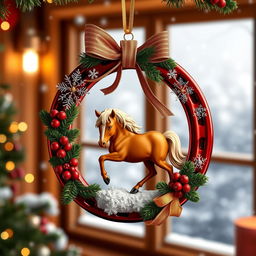 A beautiful Christmas ornament shaped like a horseshoe, adorned with festive decorations such as glittering snowflakes, tiny red berries, and a golden ribbon, with an elegant horse design integrated into the ornament