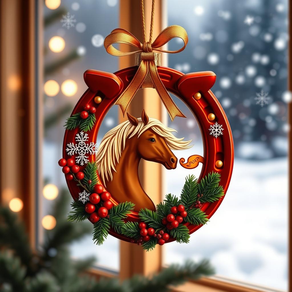 A beautiful Christmas ornament shaped like a horseshoe, adorned with festive decorations such as glittering snowflakes, tiny red berries, and a golden ribbon, with an elegant horse design integrated into the ornament