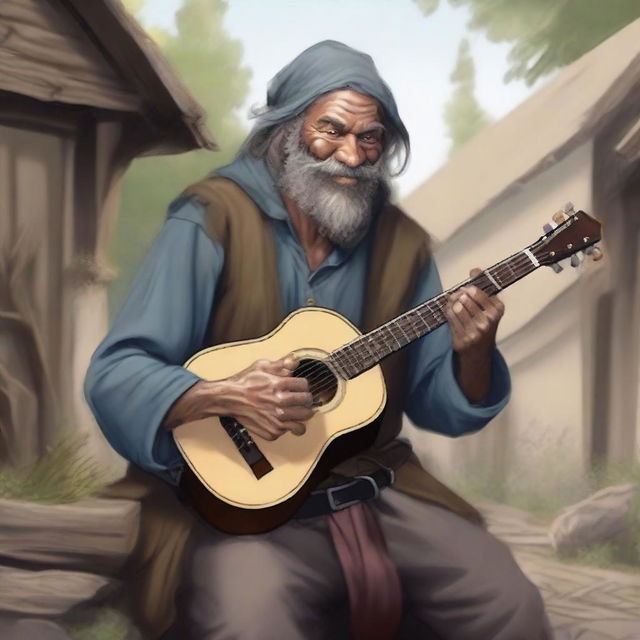 A detailed, high-quality realistic illustration that vividly portrays a crazy homeless vagrant as a fantasy Dungeons and Dragons bard in a village setting