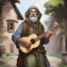 A detailed, high-quality realistic illustration that vividly portrays a crazy homeless vagrant as a fantasy Dungeons and Dragons bard in a village setting