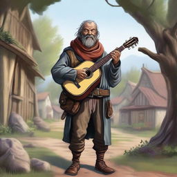 A detailed, high-quality realistic illustration that vividly portrays a crazy homeless vagrant as a fantasy Dungeons and Dragons bard in a village setting