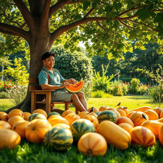 A picturesque garden scene during a warm summer day, featuring a vibrant array of ripe melons on the ground beneath a large tree