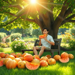 A picturesque garden scene during a warm summer day, featuring a vibrant array of ripe melons on the ground beneath a large tree