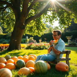 A picturesque garden scene during a warm summer day, featuring a vibrant array of ripe melons on the ground beneath a large tree