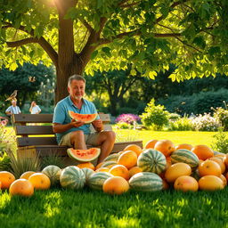A picturesque garden scene during a warm summer day, featuring a vibrant array of ripe melons on the ground beneath a large tree