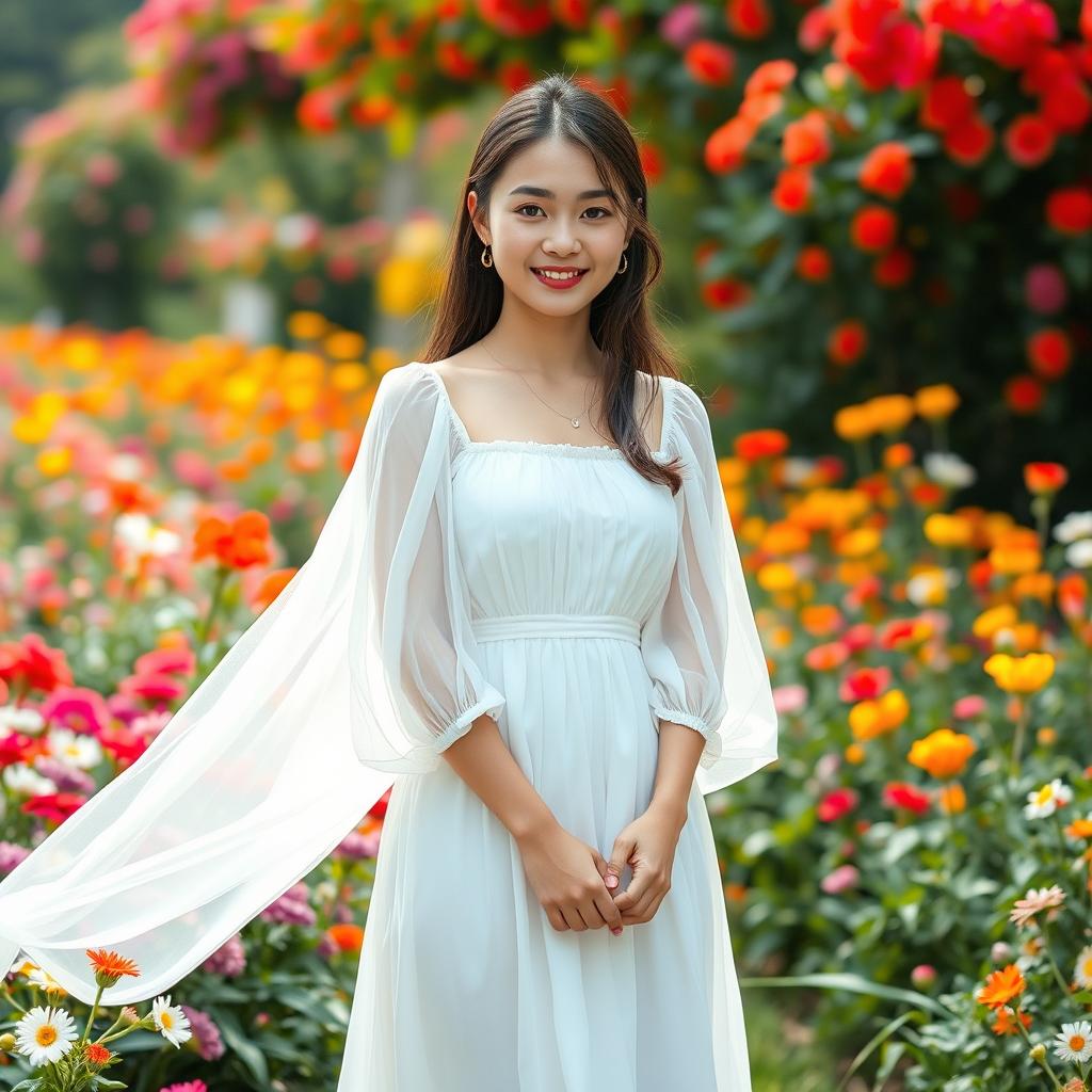 A beautiful 19-year-old Asian woman wearing a flowing white dress, standing in a stunning garden filled with colorful flowers