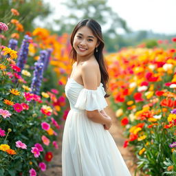 A beautiful 19-year-old Asian woman wearing a flowing white dress, standing in a stunning garden filled with colorful flowers