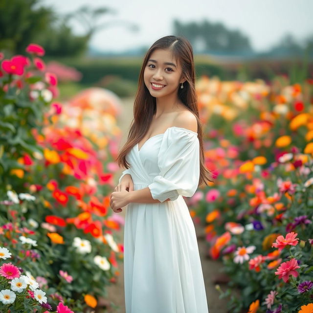 A beautiful 19-year-old Asian woman wearing a flowing white dress, standing in a stunning garden filled with colorful flowers