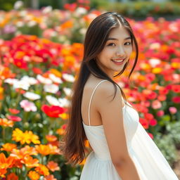 A beautiful 19-year-old Asian woman wearing a flowing white dress, standing in a stunning garden filled with colorful flowers