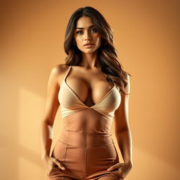 A beautiful woman standing tall in elegantly fitted clothing that enhances her figure, with her large, beautiful breasts prominently displayed