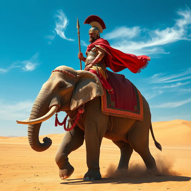 A Roman legionary in full armor riding majestically atop a large, powerful elephant in a vast desert landscape