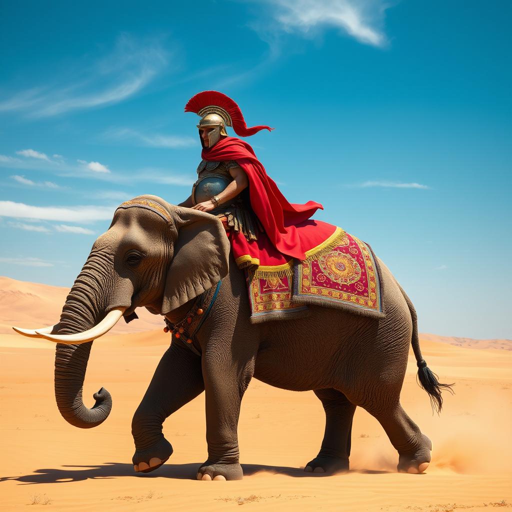 A Roman legionary in full armor riding majestically atop a large, powerful elephant in a vast desert landscape
