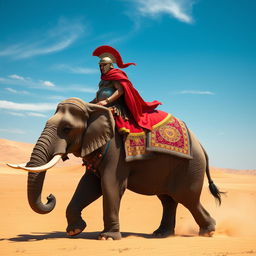 A Roman legionary in full armor riding majestically atop a large, powerful elephant in a vast desert landscape