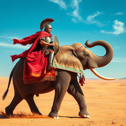 A Roman legionary in full armor riding majestically atop a large, powerful elephant in a vast desert landscape
