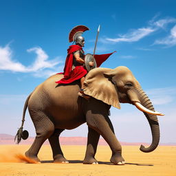 A Roman legionary in full armor riding majestically atop a large, powerful elephant in a vast desert landscape
