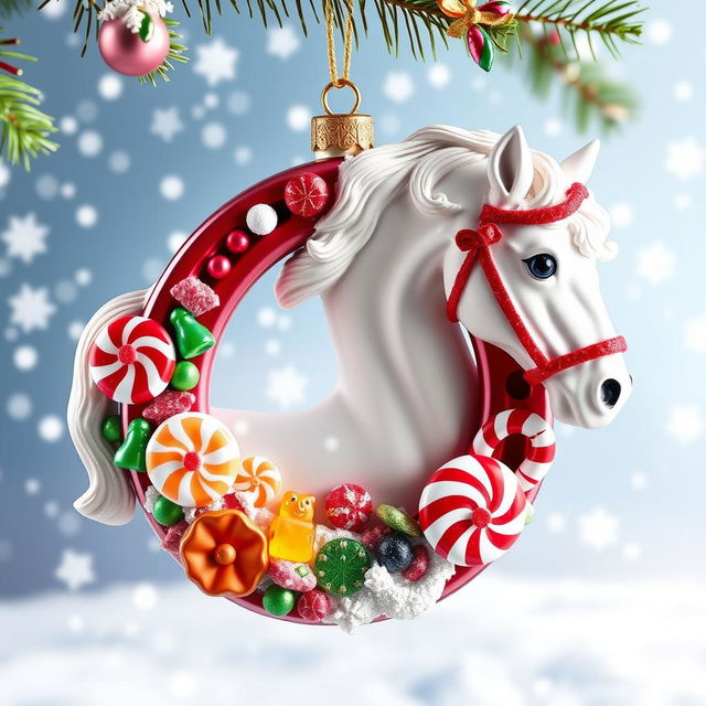 A Christmas ornament featuring a beautiful horseshoe design intertwined with a majestic horse, all decorated with colorful candy themes