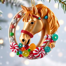A Christmas ornament featuring a beautiful horseshoe design intertwined with a majestic horse, all decorated with colorful candy themes