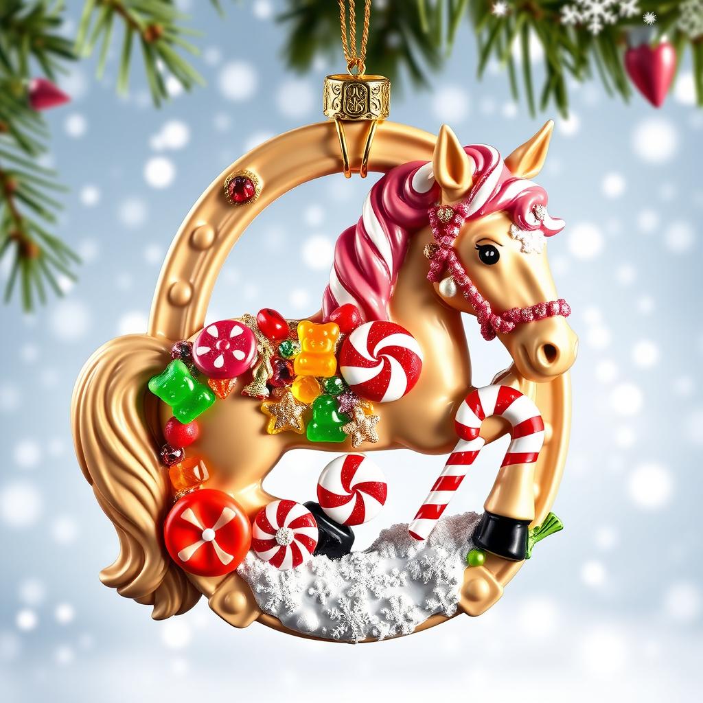 A Christmas ornament featuring a beautiful horseshoe design intertwined with a majestic horse, all decorated with colorful candy themes