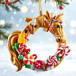 A Christmas ornament featuring a beautiful horseshoe design intertwined with a majestic horse, all decorated with colorful candy themes