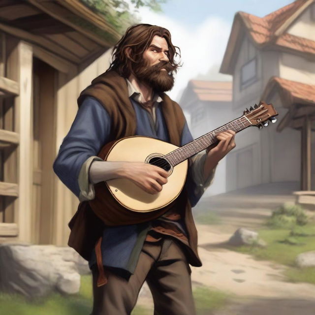 A detailed, high-quality realistic illustration that vividly portrays a crazy homeless vagrant with brown hair as a fantasy Dungeons and Dragons bard in a village setting