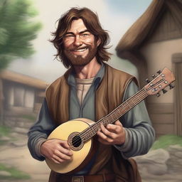 A detailed, high-quality realistic illustration that vividly portrays a crazy homeless vagrant with brown hair as a fantasy Dungeons and Dragons bard in a village setting