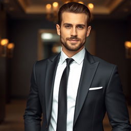 A stylish and elegant man in formal attire, featuring a tailored black suit with a crisp white shirt, and a sleek black tie