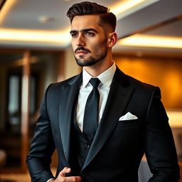 A stylish and elegant man in formal attire, featuring a tailored black suit with a crisp white shirt, and a sleek black tie