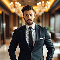 A stylish and elegant man in formal attire, featuring a tailored black suit with a crisp white shirt, and a sleek black tie