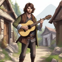 A detailed, high-quality realistic illustration that vividly portrays a crazy homeless vagrant with brown hair as a fantasy Dungeons and Dragons bard in a village setting