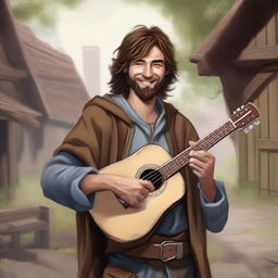 A detailed, high-quality realistic illustration that vividly portrays a crazy homeless vagrant with brown hair as a fantasy Dungeons and Dragons bard in a village setting