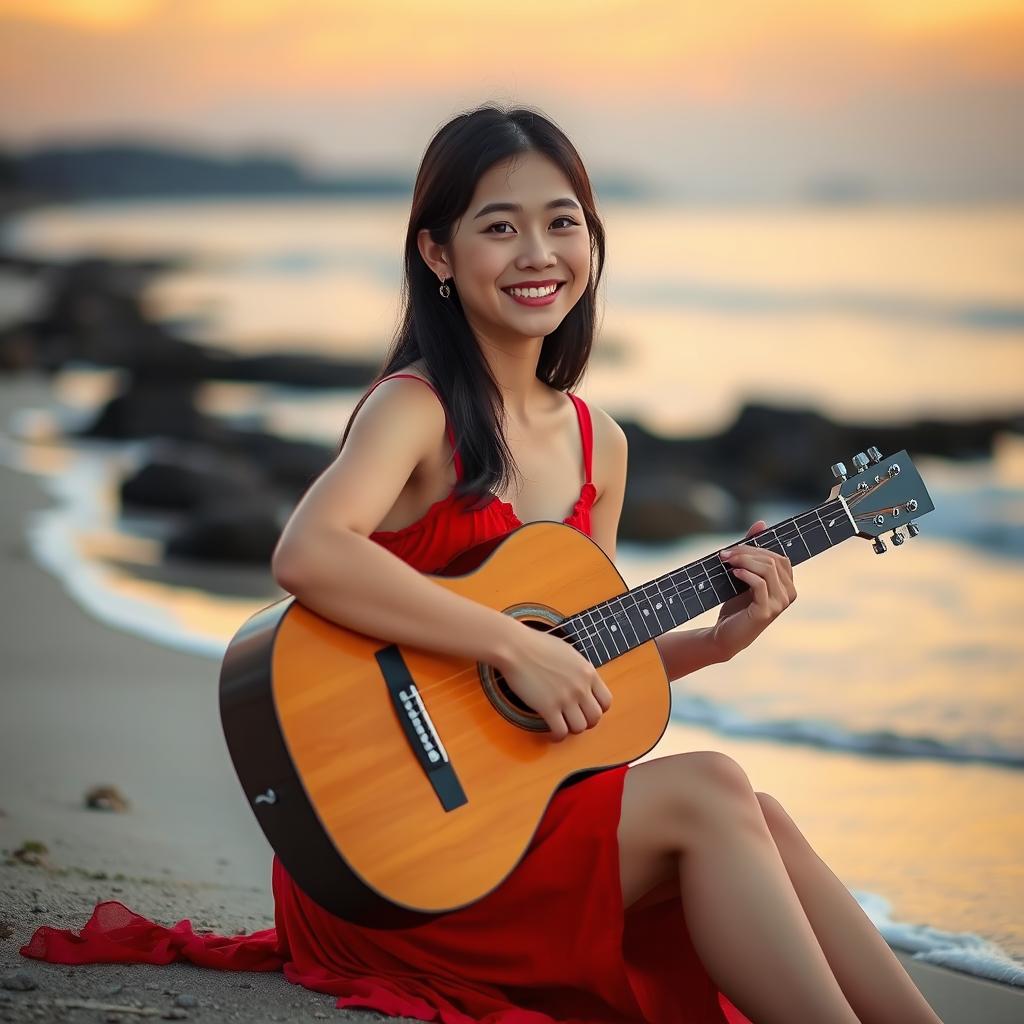 A beautiful young Asian woman in a red dress sitting by the beach, holding a guitar and facing the camera with a soft and cute smile