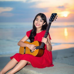 A beautiful young Asian woman in a red dress sitting by the beach, holding a guitar and facing the camera with a soft and cute smile