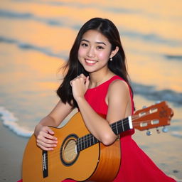 A beautiful young Asian woman in a red dress sitting by the beach, holding a guitar and facing the camera with a soft and cute smile