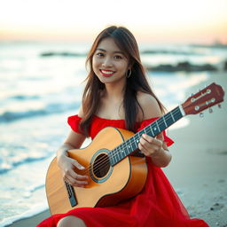 A beautiful young Asian woman in a red dress sitting by the beach, holding a guitar and facing the camera with a soft and cute smile