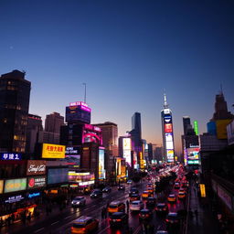A vibrant city skyline at night, illuminated by colorful lights