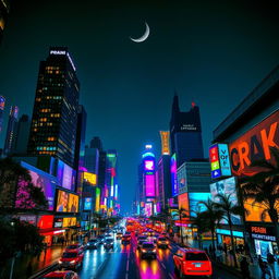 A vibrant city skyline at night, illuminated by colorful lights